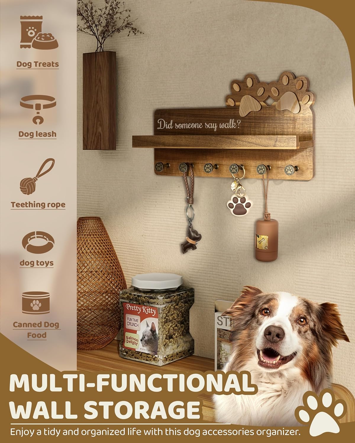 MTERSN Cute Dog Leash Holder for Wall for Pet Station Organizer, Brown