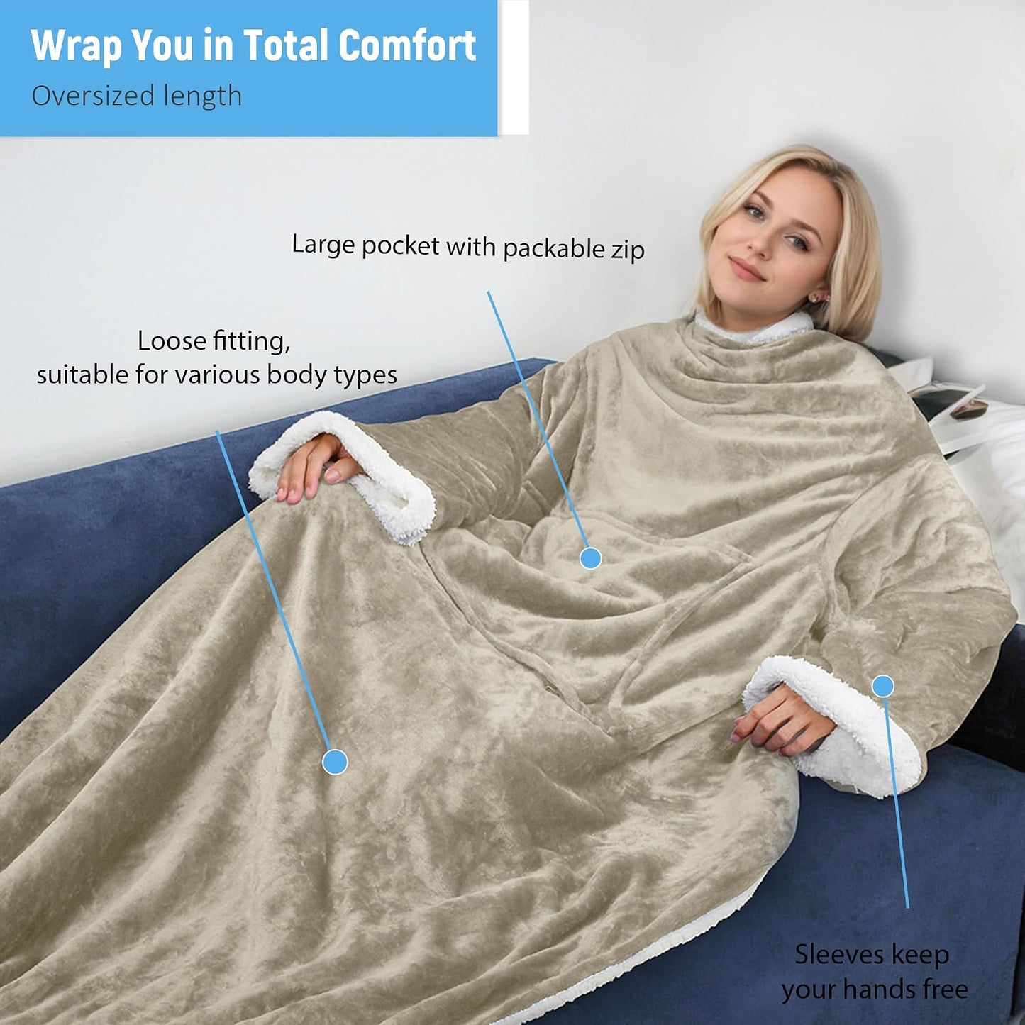 Catalonia Sherpa Wearable Blanket with Sleeves Arms