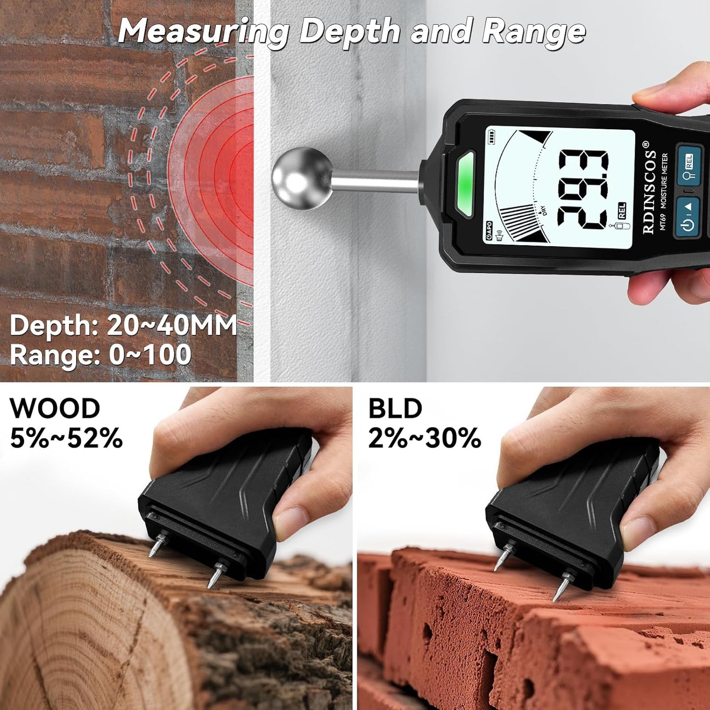 Pinless Moisture Meter for Wall,Floor – Digital Moisture Tester | With 3-Color LCD Display, Audible Alarm & HOLD Function, Ideal for Home Inspections