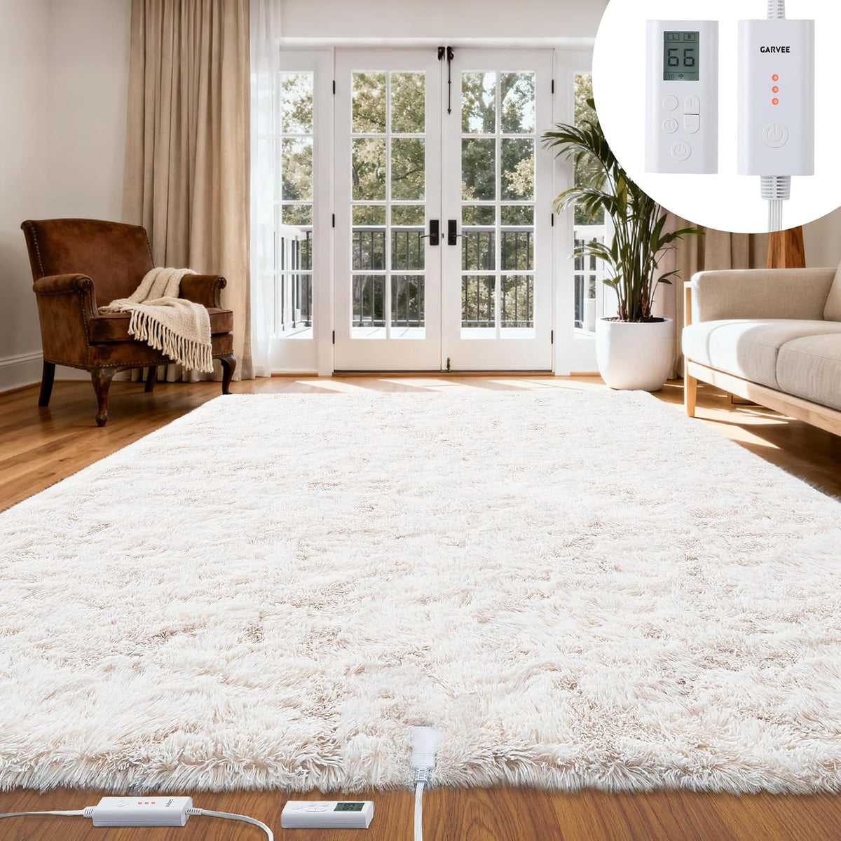 GarveeHome 8x10 ft Wireless Heated Floor Mat, Heated Rug Gaming Rug with 6 Heat Levels & 10H Auto Off, Soft Plush Heating Carpet Foot Warmer for Living Room Bedroom Office Playroom, White