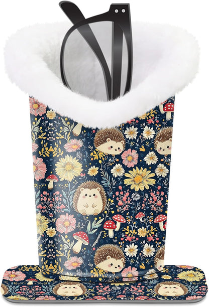 Plush Lined Eyeglasses Holder, Cute Magnetic PU Leather Glasses Stand Case for Women Men Kids
