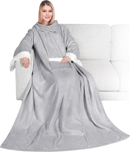 PAVILIA Wearable Blanket with Sleeves and Pocket for Women Men, Sherpa Trim