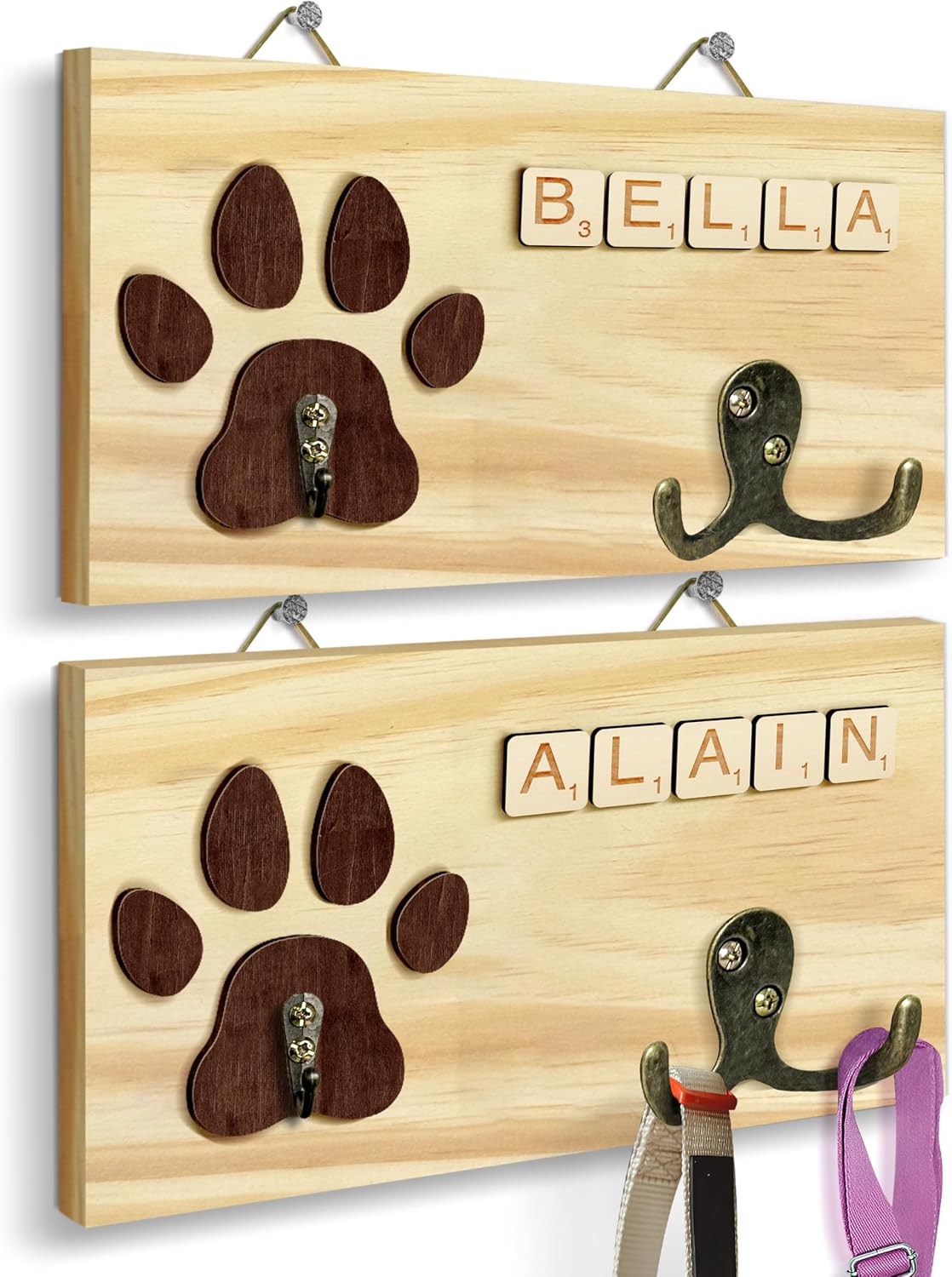 Dog Leash Holder Wall Mount, Pet Harness Hanger with Scrabble Letters, Dog Collar Organizer for Entryway, Memorial Cat Leash Holder for Wall, Pet Loss Gifts, Keepsake, Home Decor PF212-NAT