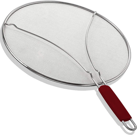 13" Grease Splatter Screen for Cooking | Stainless Steel Oil Splatter Guard and Ultra-Fine Mesh Protects Skin from Burns | TPR Tight-Grip Handle (Red)