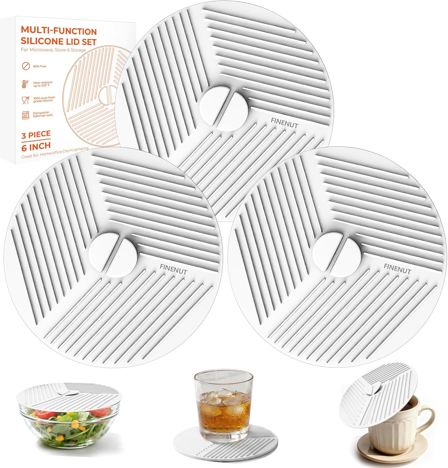 Silicone Lids for Bowls 3 Pack 6/8/10 Inch, Microwave Splatter Cover Food Storage Universal Multi-Use Pot Holders Trivet Mats, Heat Resistant Dishwasher Safe for Pans Plates Cups