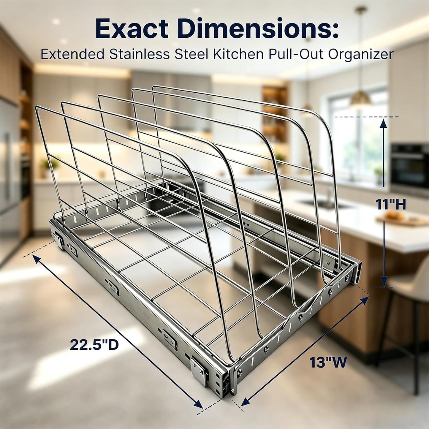 Pull Out Baking Pan Organizer for Cabinet, Cookie Sheet, Cutting Board, Tray Organizer for Cabinet, Adjustable, 22.5"D x11"H x 9"W, Pull/Slide Out Organizer-Heavy Duty, Chrome steel, 50-Year Warranty