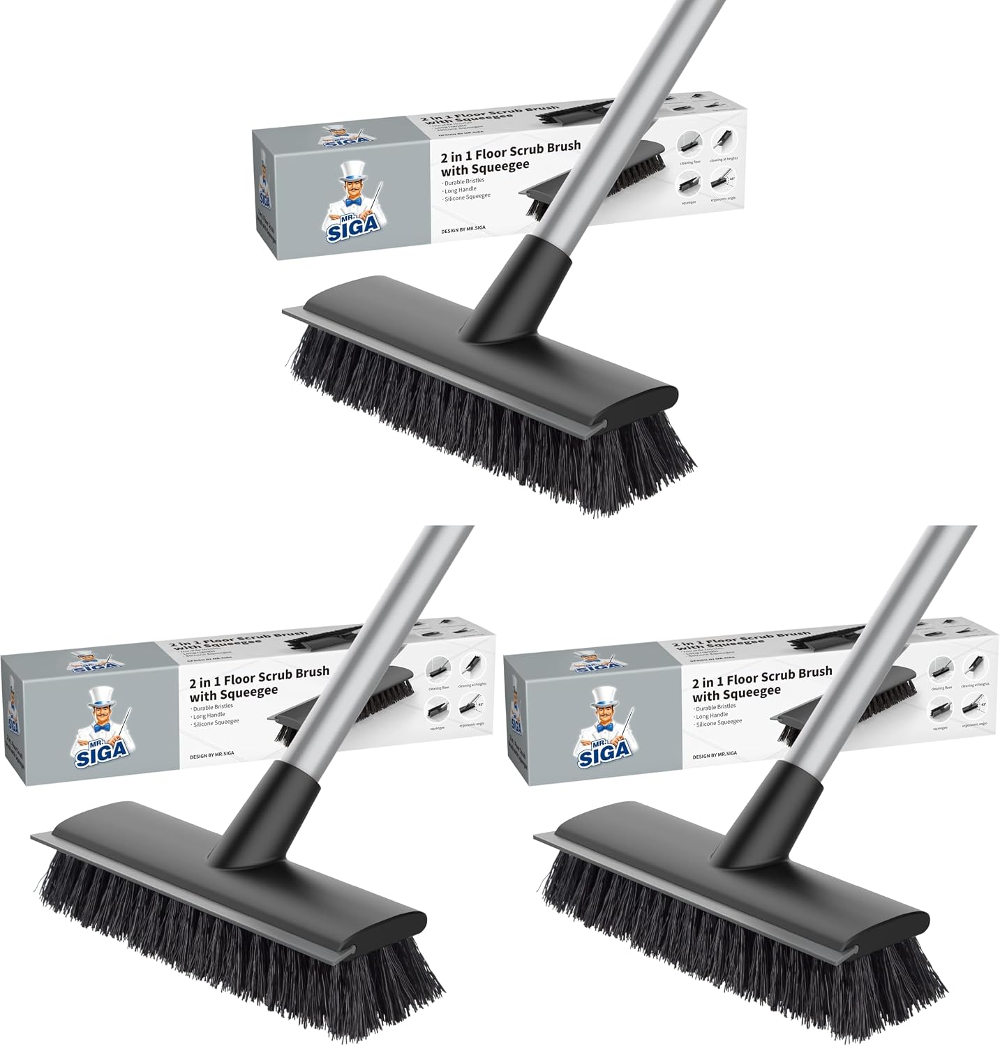 MR.SIGA Floor Scrub Brush with Long Handle for Cleaning Cleaning Bathroom | Shower floor scrubber, 2 in 1 scrubber and squeegee for cleaning patio, garage, wall, tile with stiff Bristles