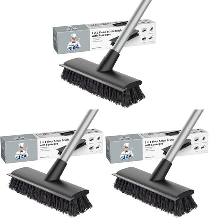 MR.SIGA Floor Scrub Brush with Long Handle for Cleaning Cleaning Bathroom | Shower floor scrubber, 2 in 1 scrubber and squeegee for cleaning patio, garage, wall, tile with stiff Bristles