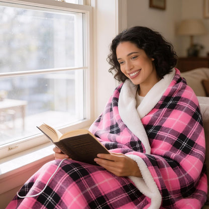 Heated Electric Blanket, Red Christmas Sherpa Plaid Throw Blanket