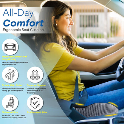 Allaboutsla Car Seat Cushion for Driving, Car Seat Pillow for Short Drivers | Ergonomic Memory Foam Seat Cushion for Pain Relief, Adult Booster Seat for Car, Butt Cushion for Car, Truck, Office, B&G