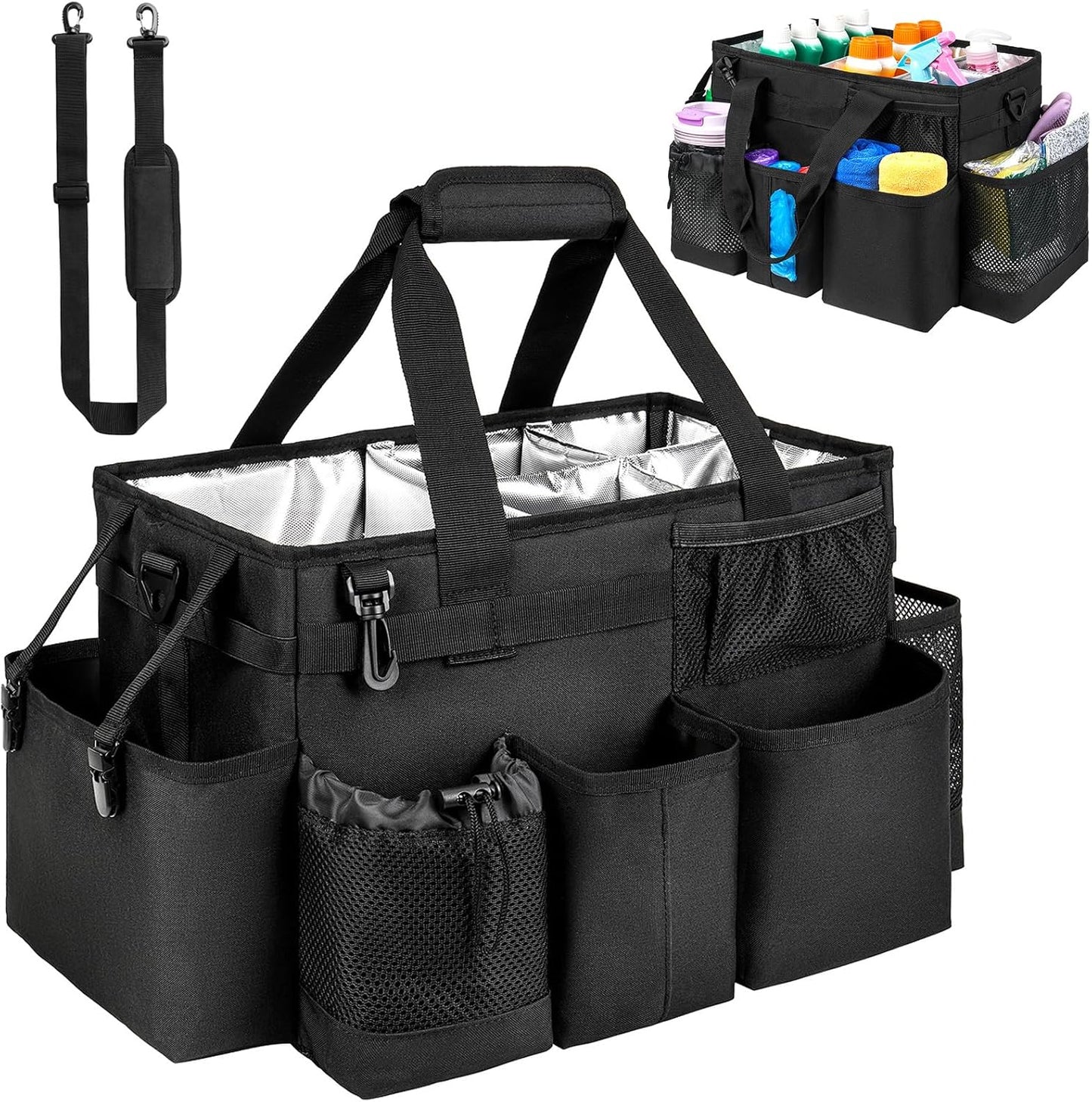 Cleaning Caddy Bag, Extra Large Cleaning Supply Bag for Housekeepers,Black | Sturdy Cleaning Caddy Organizer for Cleaning Supplies with Handle and Adjustable Shouder Strap, Easy to Clean Design