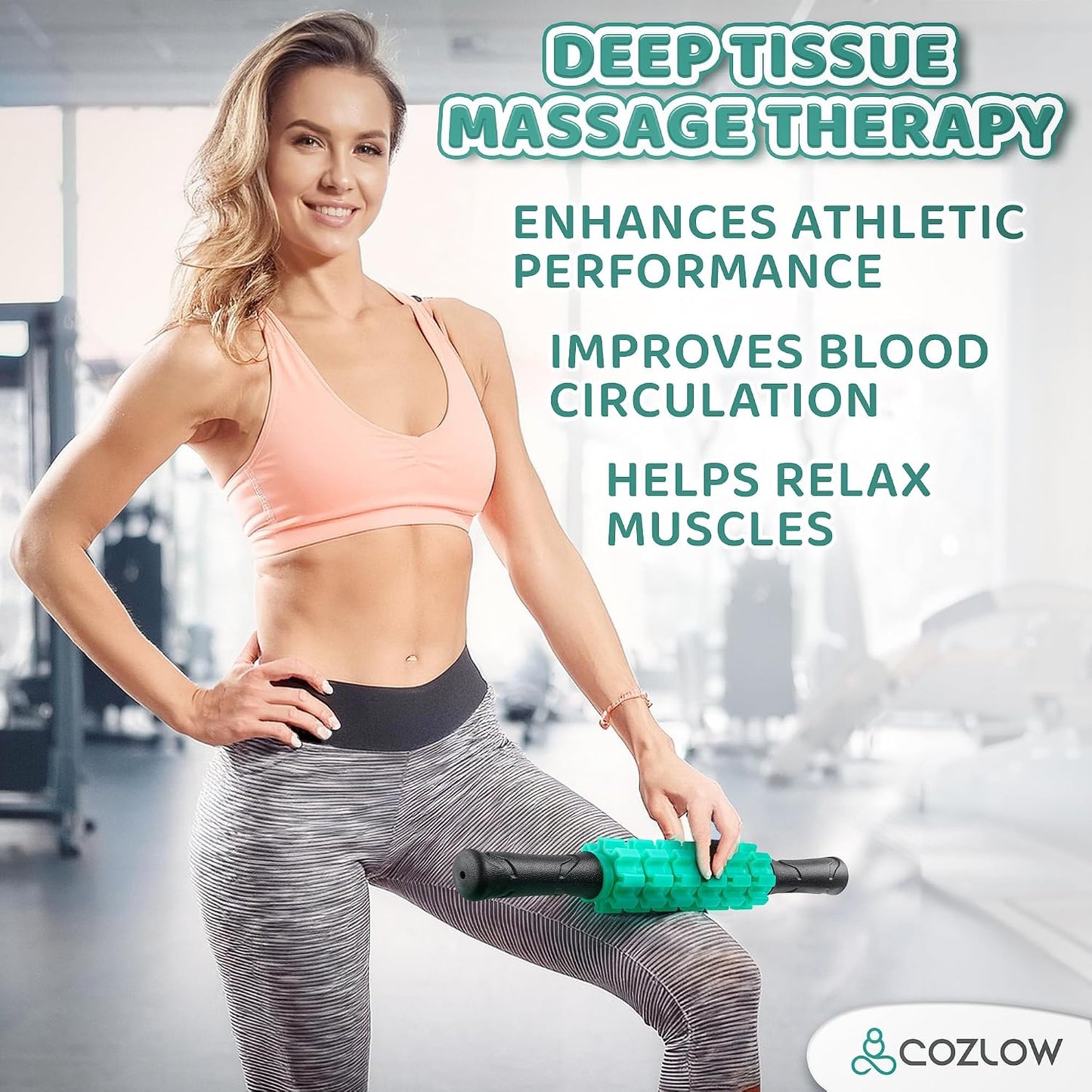 Muscle Roller Stick - Green - Hand Held Body Massager with 9 Rollers & Non-Slip Handles - Deep Tissue Massage & Maximum Muscle Recovery - Leg, Back, Arm, Thigh, Butt Sculpting Tool - by Cozlow