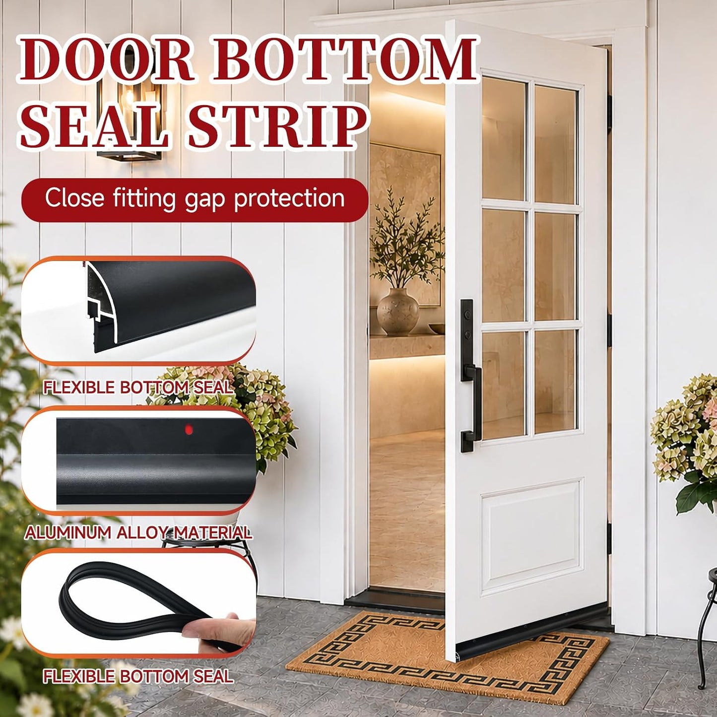 2 Pack Door Draft Stopper, Cuttable Weather Stripping Door Seal 36” Length, Strong Adhesive Aluminum Door Sweep for Exterior and Interior Doors (Silver)