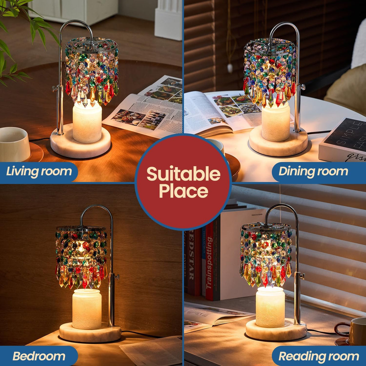 Candle Warmer Lamp with Timer Dimmer and 3 Bulbs, Candle Lamp Warmer with Marble Base for Adjustable Height, Crystal Candle Lamp for Jar Candles, House Warming Gifts Home Room Decor, Silver