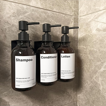 3 Pack Wall Mount Shower Dispenser, No Drill, 16 Waterproof Labels | Shampoo Dispenser for Shower Wall, Shampoo and Conditioner Dispenser, Bathroom, 17oz, Gold Amber