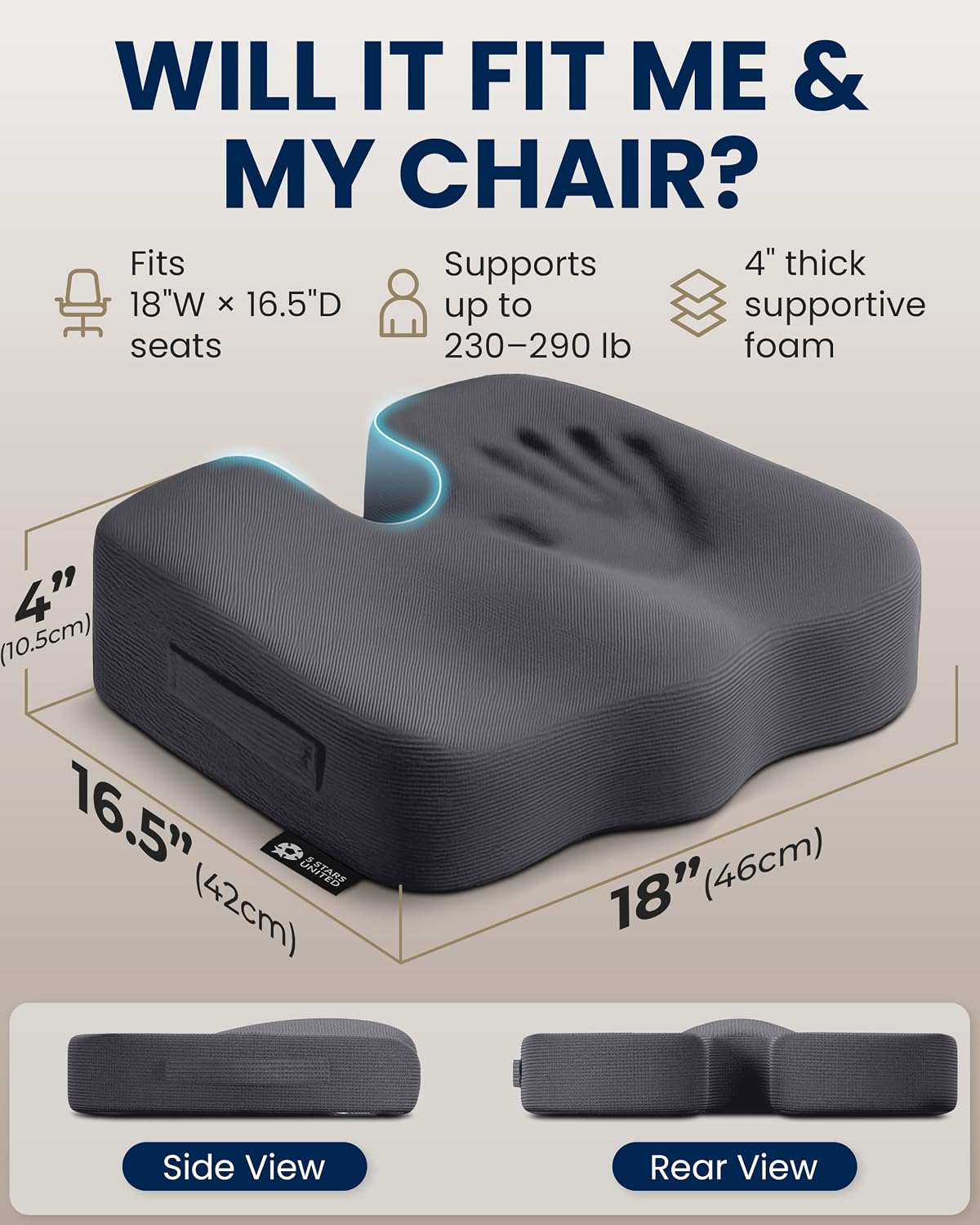 5 STARS UNITED Seat Cushion - Memory Foam Chair Cushion for Tailbone Pain Relief - Ergonomic Support for Coccyx, Sciatica & Butt - Office, Desk & Gaming Chair, Car Seat, Wheelchair, Airplane, Black