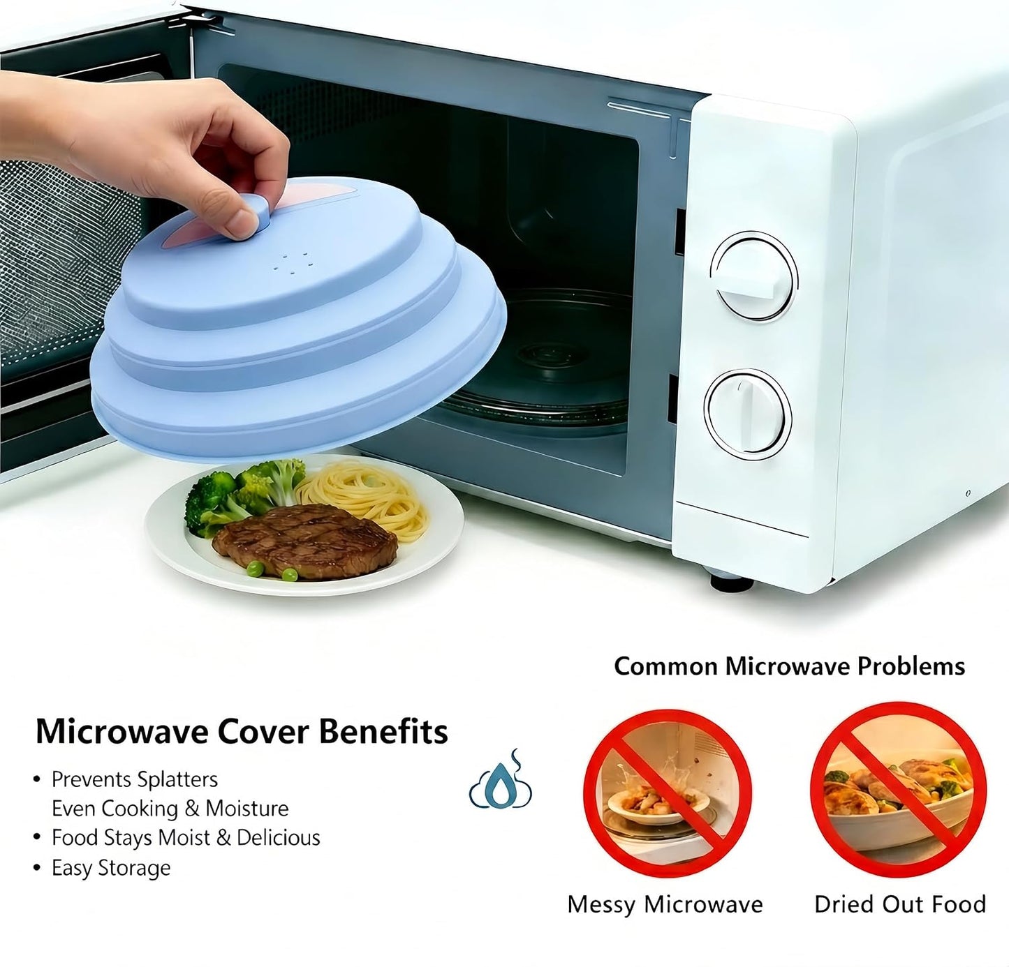 10 Inch Collapsible Silicone Microwave Splatter Cover with water steamer | Silicone microwave cover with water steamer vented splatter guard handle, BPA-Free dishwasher safe kitchen gadgets,Blue&Pink