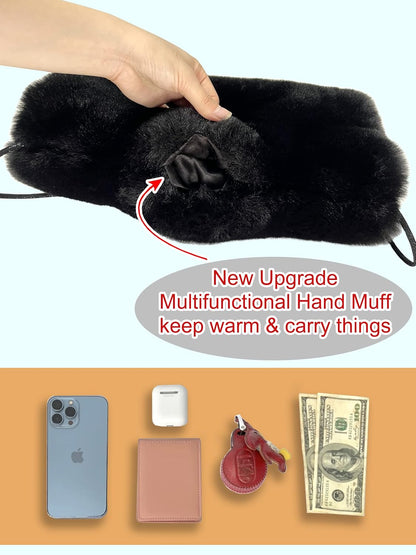 Faux Fur Hand Muff for Women Winter Hand Warm Warmer with PU Leather Strap