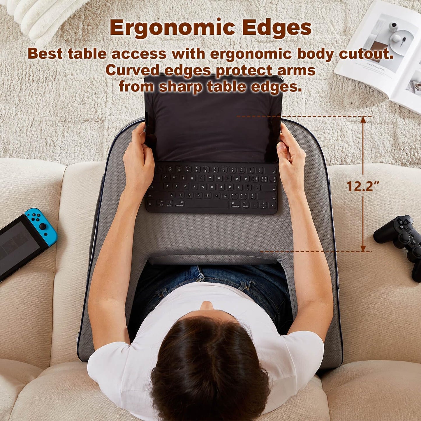 cooloo8 Reading Pillow with Armrests – Extra Large Memory Foam Gaming Pillow for Adult, Lap Desk for Laptop, Arm Rest for Working, Crocheting, Playing Game or Siting in Bed, Floor, Sofa, (Grey)