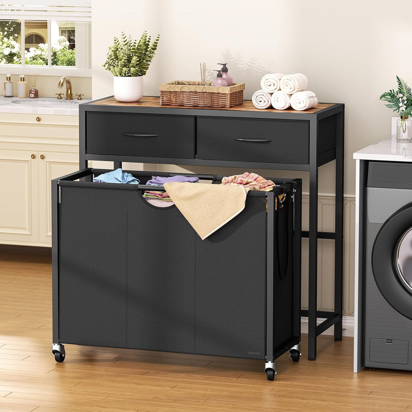 Laundry Sorter, Rolling Laundry Hamper with 3 Section Pull-Out Bags, Laundry Basket Organizer with 2 Drawers & 2-Tone Top Panel, Laundry Hamper with Wheels for Laundry Room Organization, Bathroom