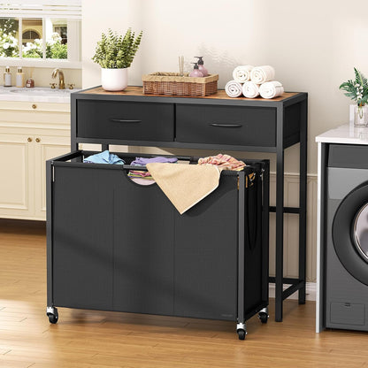 Laundry Sorter, Rolling Laundry Hamper with 3 Section Pull-Out Bags, Laundry Basket Organizer with 2 Drawers & 2-Tone Top Panel, Laundry Hamper with Wheels for Laundry Room Organization, Bathroom