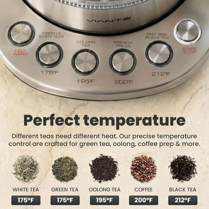 Viante Alba Electric Tea Kettle With Infuser, No Plastic, 1.5L | Borosilicate glass & 304 stainless steel construction. 4 temp presets, keep-warm, cordless, auto shut-off