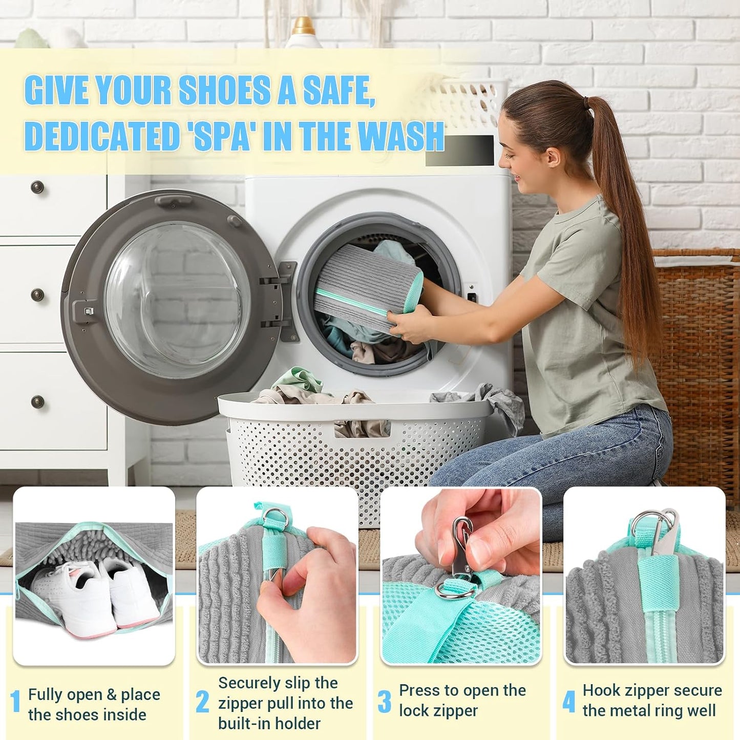 Shoe Washing Machine Bag, 2 PC Reusable XXL Shoes Laundry Bag for sneakers | Wash bags for washer and dryer, with concealed heavy-duty zipper to protects shoes & machine, Cleaning bag for tennis shoe