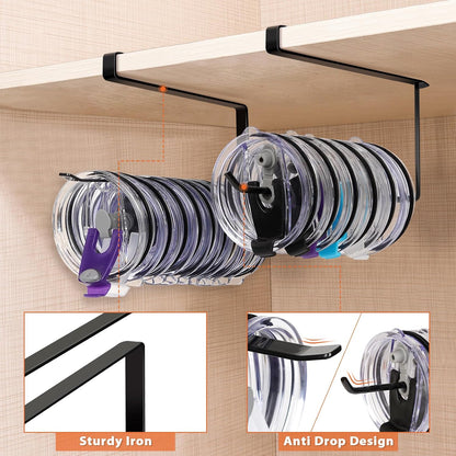 Tumbler Lid Organizer, Versatile Tumbler Lid Storage Holds 10 Lids, Black | Space Saving Cup Lid Organizers Inside Cabinet Tumbler Lid Hook for Kitchen Organizer and Storage, Paper Towel Rack Hanger