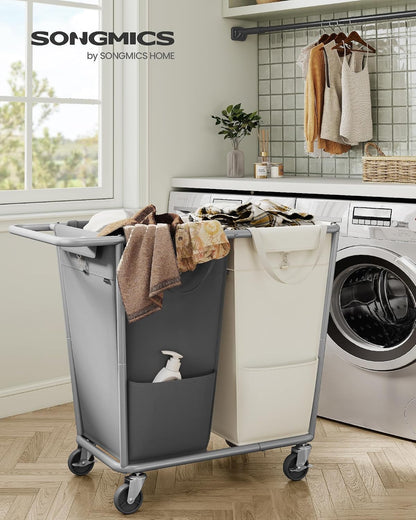 SONGMICS Laundry Basket with Wheels, 3-Section Laundry Sorter, 76.6 Gallons (290 L) Rolling Hamper with Removable Bags, Heavy-Duty Steel Frame, Cream White, Dark Gray and Ink Black URLS010X01