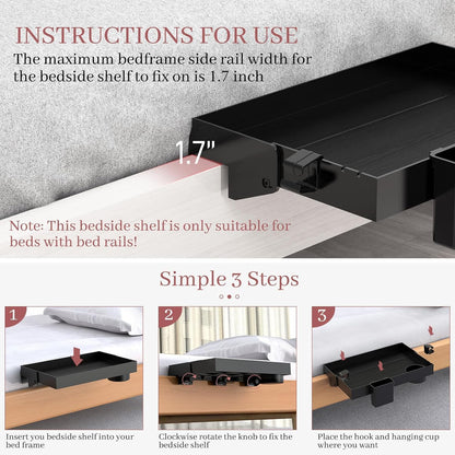 COLMO Folding Clip-On Bedside Shelf with Cup Holder, Black | Foldable Space-Saving, USB Cable Slot, Removable Hanging Cup, Moveable Side Hook, Dorm & Loft Bed Ready