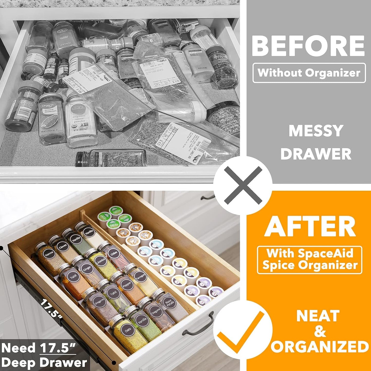 SpaceAid Spice Drawer Organizer with 28 Spice Jars, 386 Spice Labels, 4 Tier Seasoning Rack Tray Insert for Kitchen Drawers, 13" Wide x 17.5" Deep