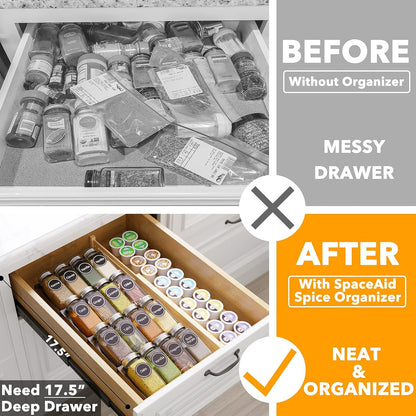 SpaceAid Spice Drawer Organizer with 28 Spice Jars, 386 Spice Labels, 4 Tier Seasoning Rack Tray Insert for Kitchen Drawers, 13" Wide x 17.5" Deep