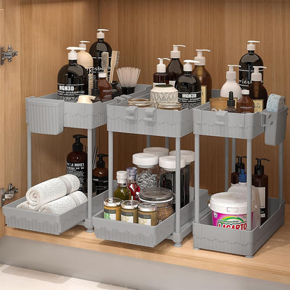 3-Pack 2-Tier Under Sink Organizers with Sliding Drawers | Multi-use kitchen & bathroom storage, 12.8 inch black cabinet organizer, space-saving sliding drawer design.