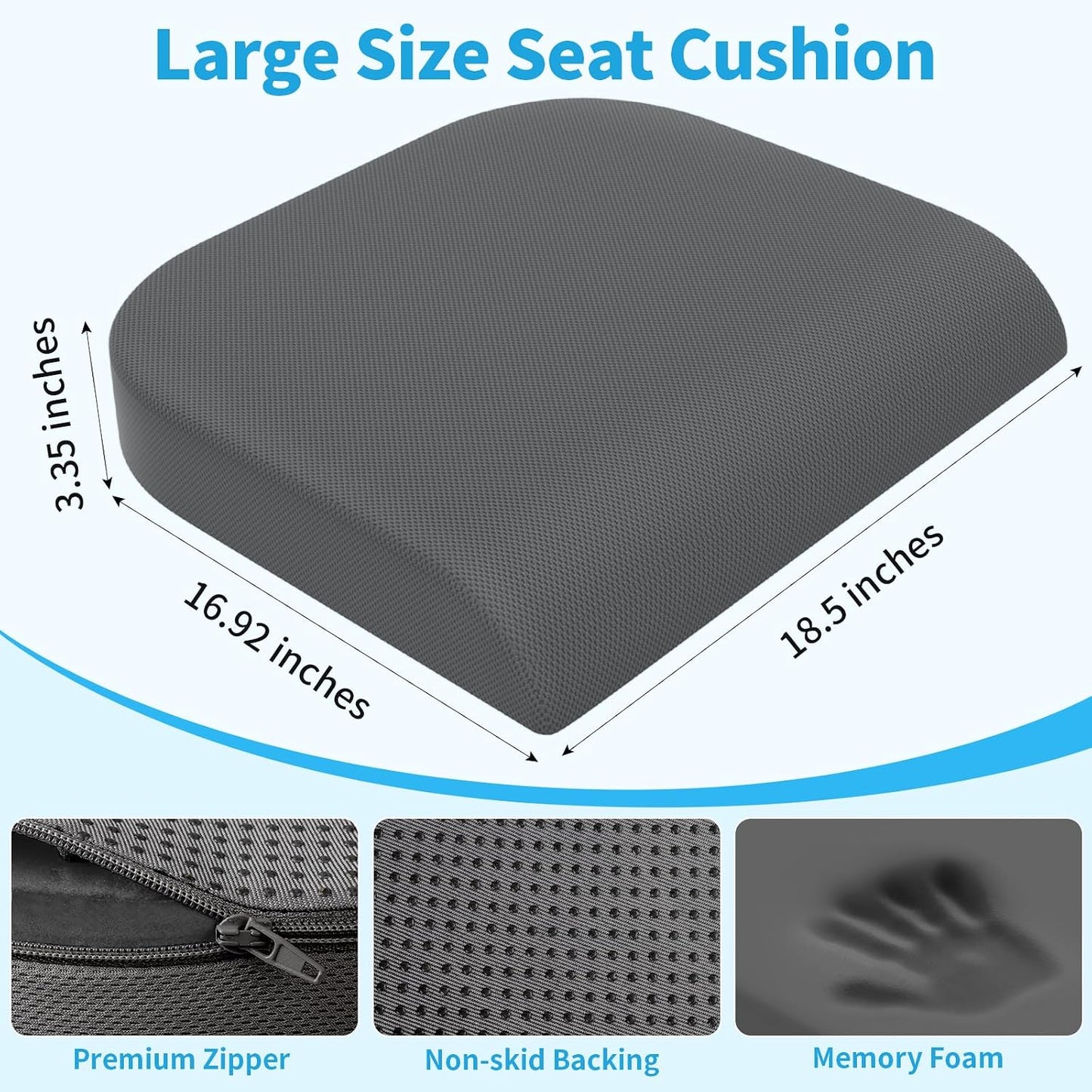 TranquilRelax Memory Foam Seat Cushion for Office Chair, 3-Inch, Black | Medium-firm Support for Long Sitting, Washable Mesh Cover, Non-slip Base, Perfect for Car Seats & Short Drivers