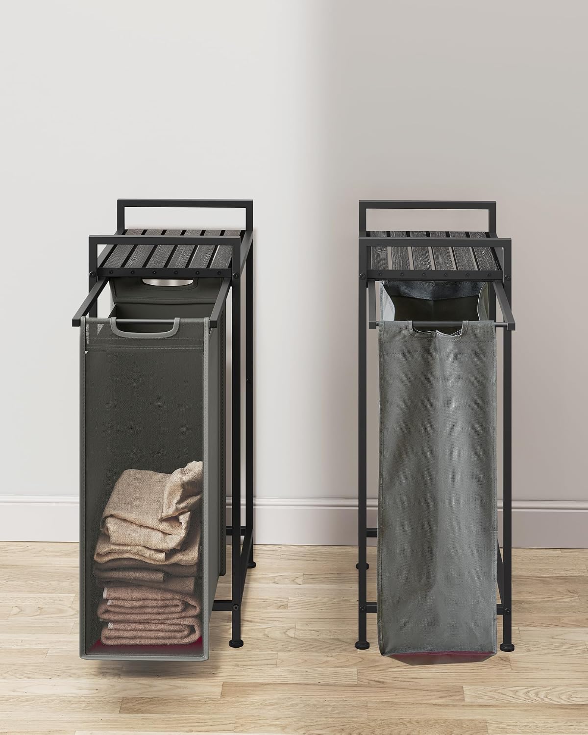 VASAGLE Laundry Hamper, Laundry Basket Sorter with 3 Pull-Out and Removable Bags, Shelf, Metal Frame, 3 x 10.6 Gallons (40 L), 36.4 x 13 x 28.4 Inches, Cappuccino Beige and Natural Beige UBLH301LH01