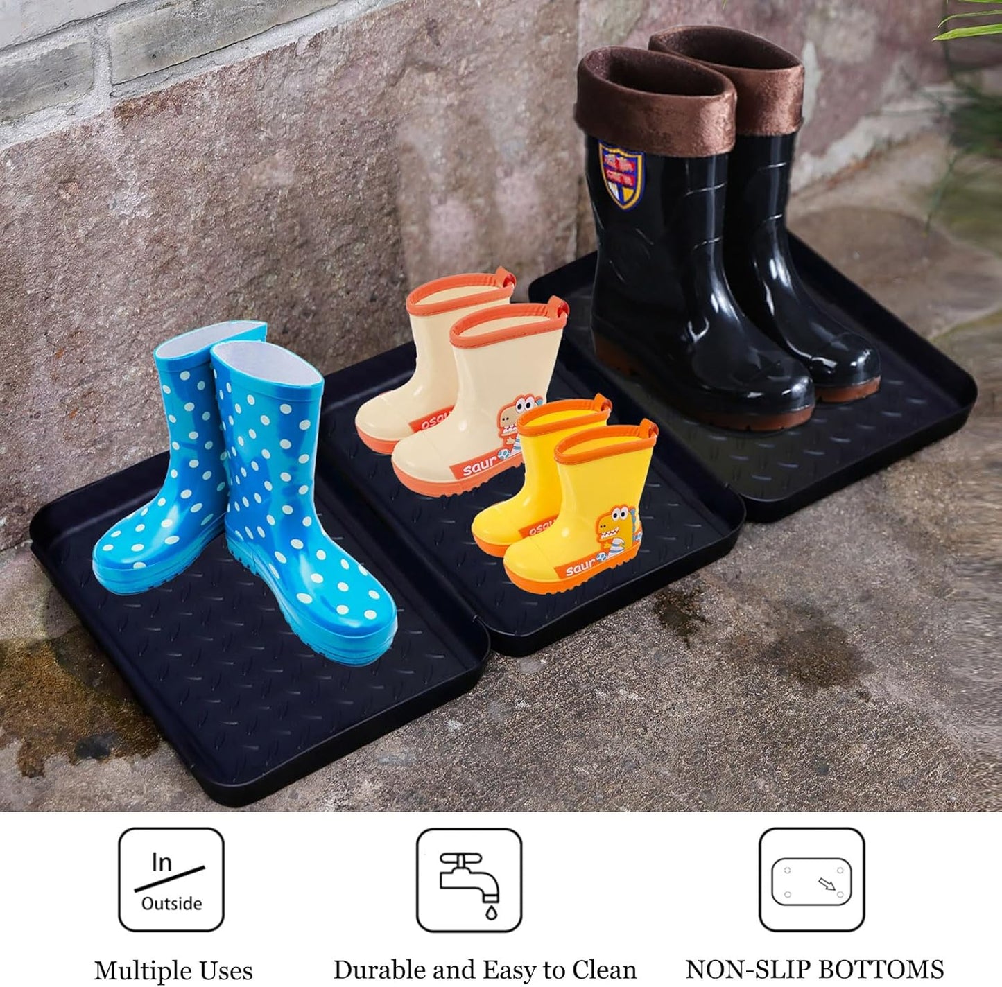 Boot Tray for Entryway Indoor, 3 Pack Wet Shoe Trays for Floor Protection, Non-Slip Plastic Boot Shoe Mat Tray w/Lip, Mudroom(13.7 inx10.8 inx1.2in)