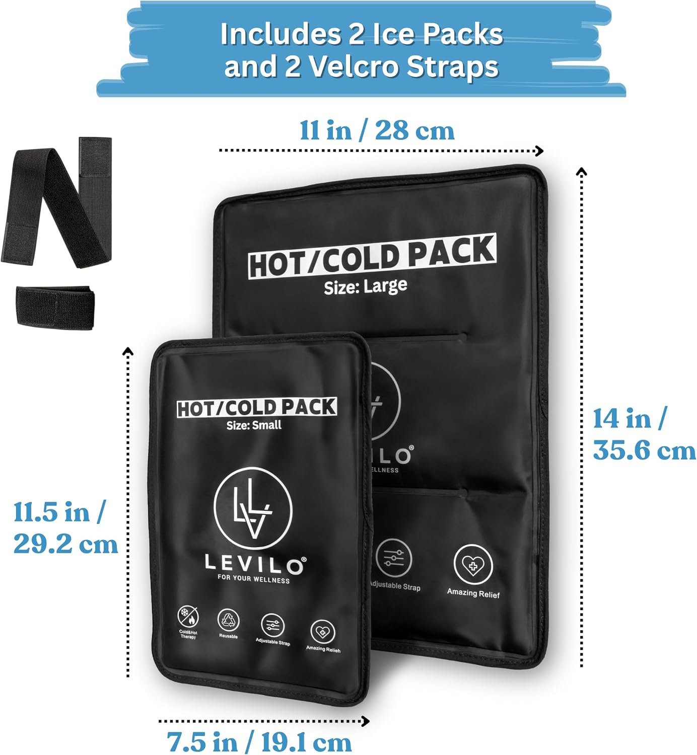 LEVILO Large Ice Packs for Injuries Reusable with Straps - 2 Pack (Large & Small) Soft Ice Packs | Cold Packs for Back, Shoulder, Knee, Relief | After Surgery | Flexible When Frozen