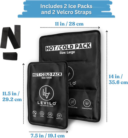 LEVILO Large Ice Packs for Injuries Reusable with Straps - 2 Pack (Large & Small) Soft Ice Packs | Cold Packs for Back, Shoulder, Knee, Relief | After Surgery | Flexible When Frozen