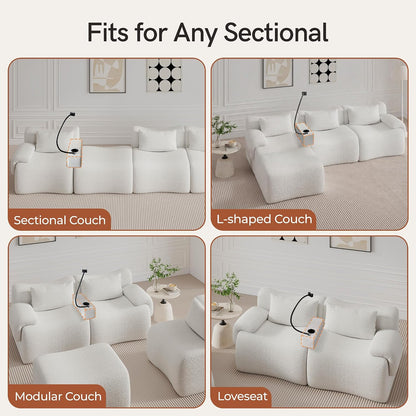 Couch Caddy with Cup Holder, 20.3 Inch White Armrest Console | Removable Sofa Armrest Organizer with Charging and Phone Holder, Storage for Remotes, Snacks and Everyday Essentials
