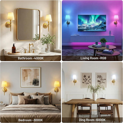 Battery Operated Wall Sconces Set of 2, Wireless Rechargeable Wall Lights with 12 RGB Colors and 3CCT Dimmable, Small Fabric LED Wall Lamps for Bedroom, Living Room, Hallway, Gold