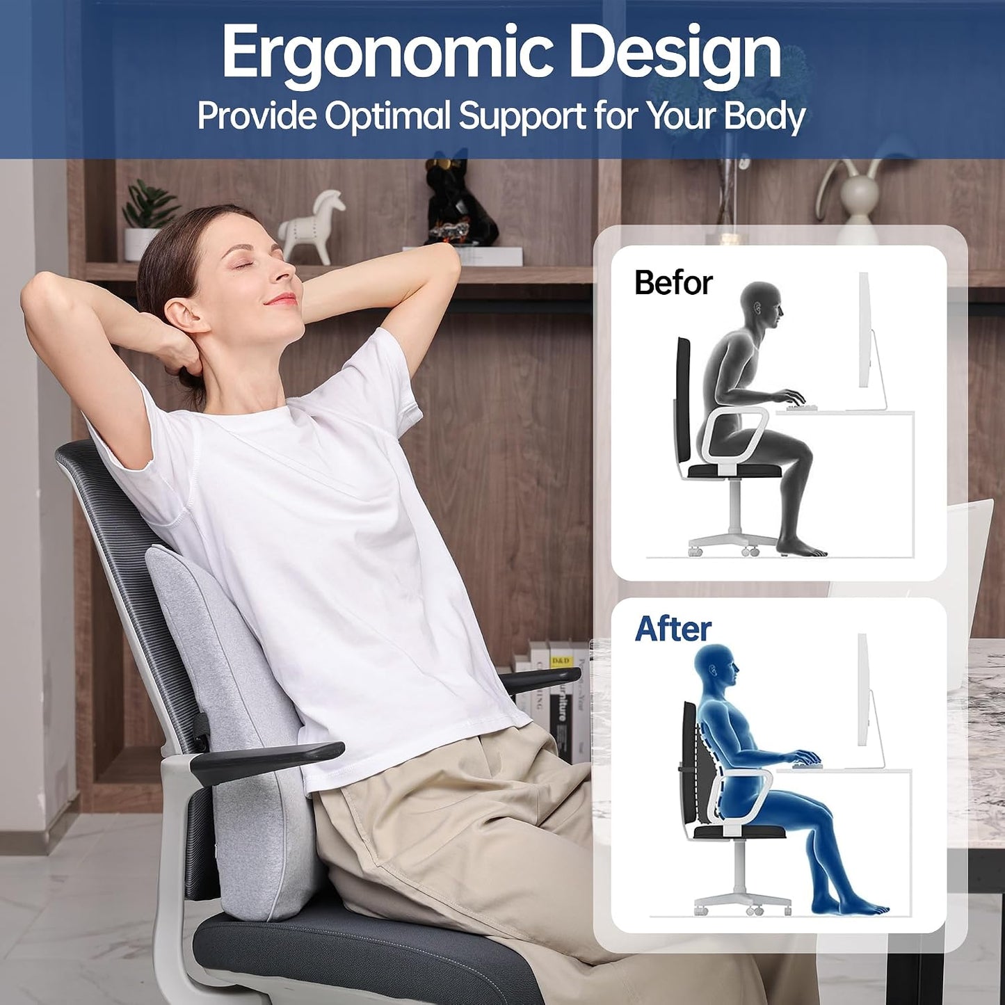 Soft Comfortable Memory Lumbar Support Pillow Back Cushion for Offic | Built-In Adjustable Straps Secure Reduce Back Soreness Pressure Distribution Breathable Premium Fabric Long-lasting Support