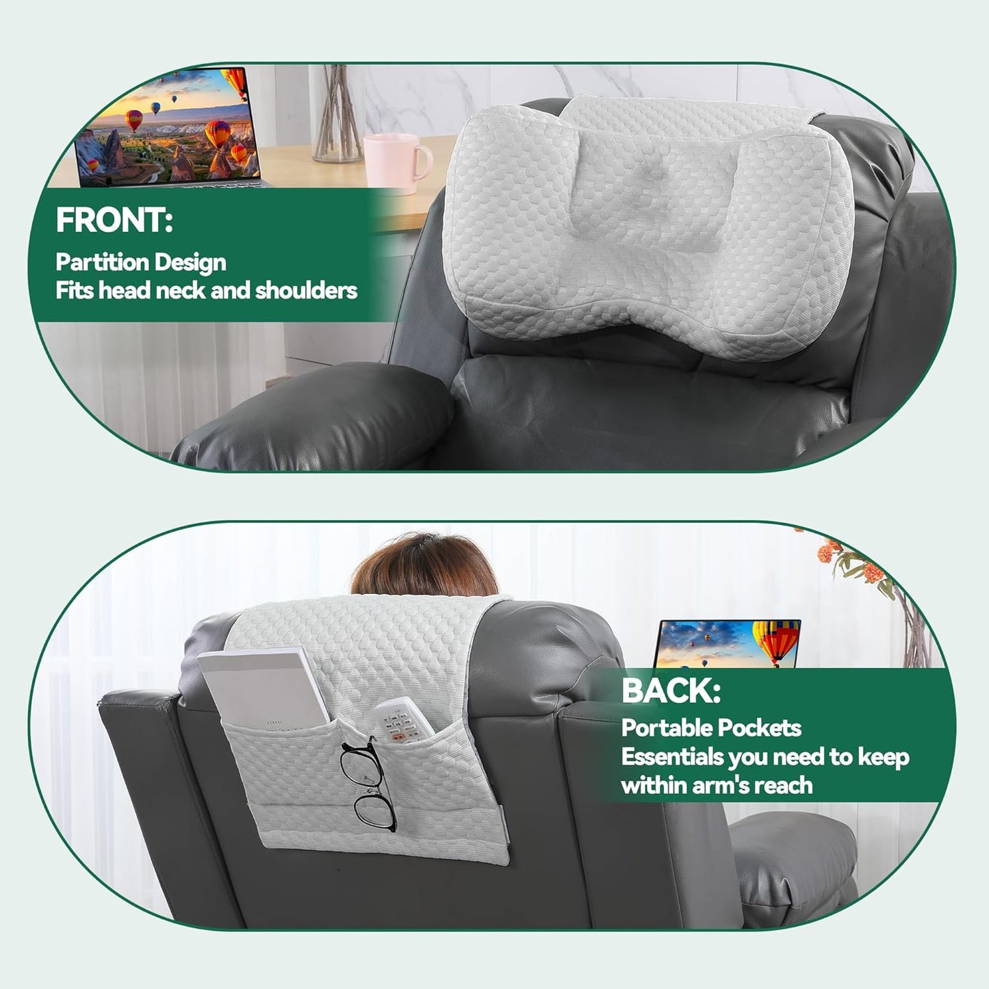 MABOZOO Neck Pillows for Recliners with Pocket,Headrest Cushion for Neck Pain Relief and Cervical Support,Recliner Head Pillow for Side Sleeping at Home, Office or Traveling（Green）