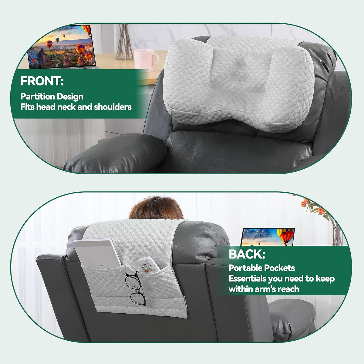 MABOZOO Neck Pillows for Recliners with Pocket,Headrest Cushion for Neck Pain Relief and Cervical Support,Recliner Head Pillow for Side Sleeping at Home, Office or Traveling（Green）