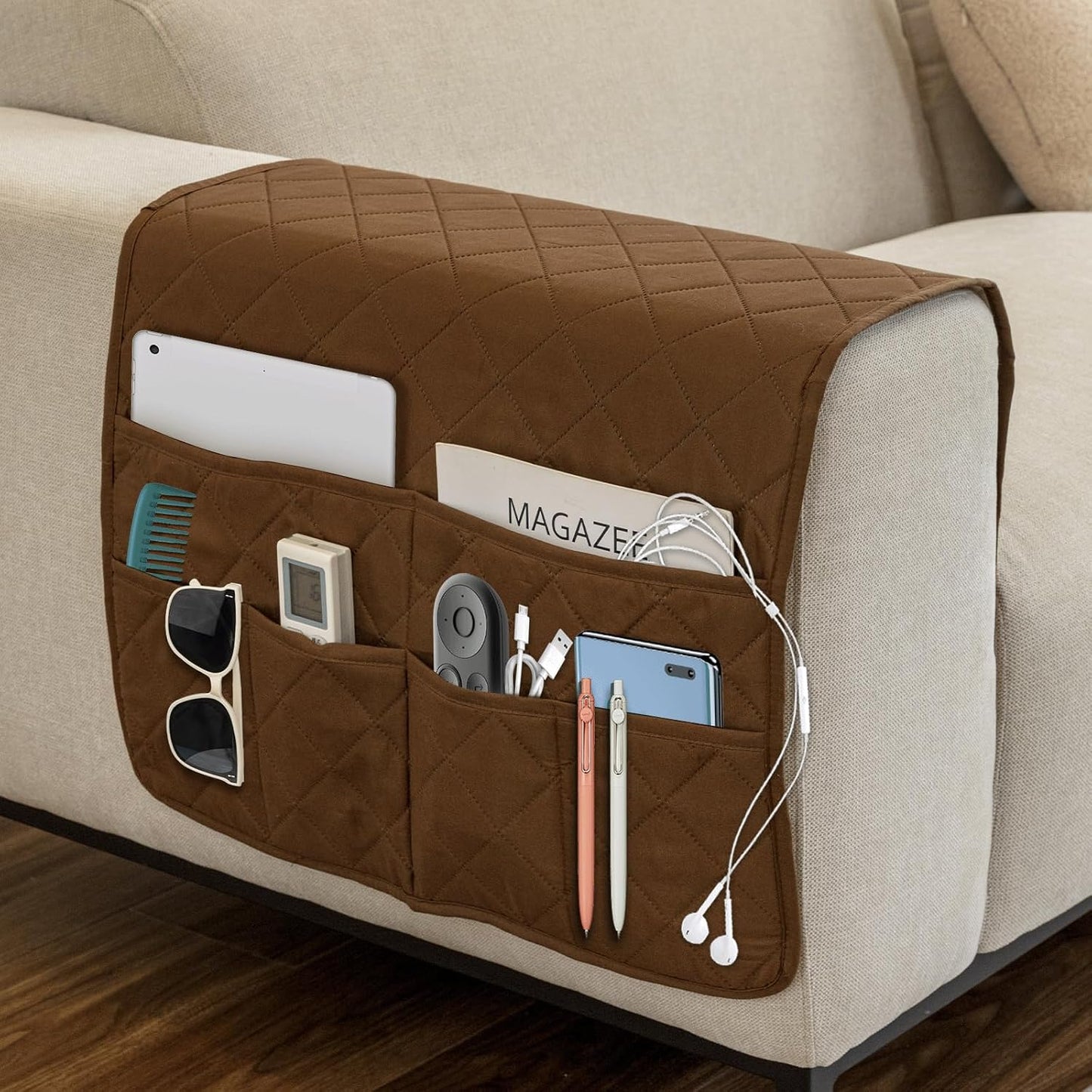 Remote Control Holder for Recliner, Armchair Caddy, Non Slip Sofa Armrest Organizer for Recliner Couch With 6 Pockets for TV Remote,Cell Phone,Magazine (Off-White)