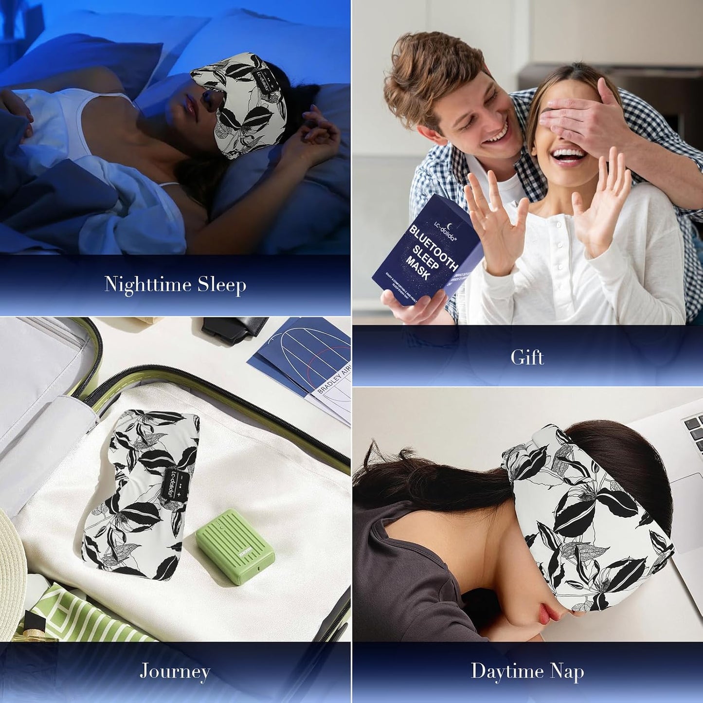 LC-dolida Sleep Mask with Bluetooth Headphones, Extra Large Silk Eye Mask for Sleeping Side Day Sleepers, Sleep Headphones Bluetooth 5.4 for Women Men with Thin Speaker, Blackout, Comfort, Microphone