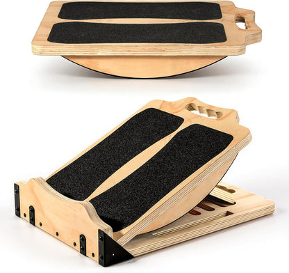 MoKo 2-in-1 Wooden Slant Board & Balance Board, 4 Adjustable Inclines Calf Stretcher for Knees, Ankles, Heels, Feet and Legs, Non-slip Stretch Boards Support up to 220lbs