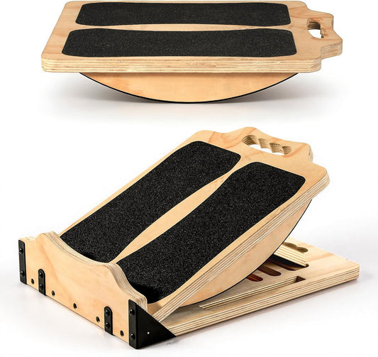 MoKo 2-in-1 Wooden Slant Board & Balance Board, 4 Adjustable Inclines Calf Stretcher for Knees, Ankles, Heels, Feet and Legs, Non-slip Stretch Boards Support up to 220lbs
