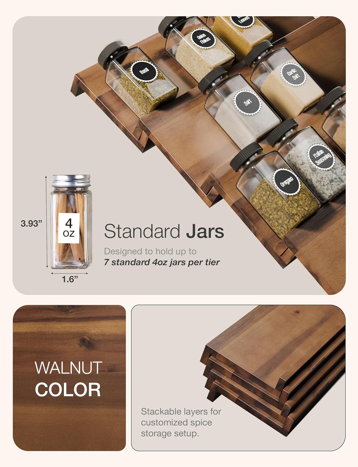 Tinamo Acacia Wood 4-Tier Spice Rack Organizer for Cabinet, Pack of 8 Pcs | Solid Acacia Wood Construction, No assembly, Stackable 4-tray design, Spacious for up to 64pcs 4oz Jars, Easy to Clean