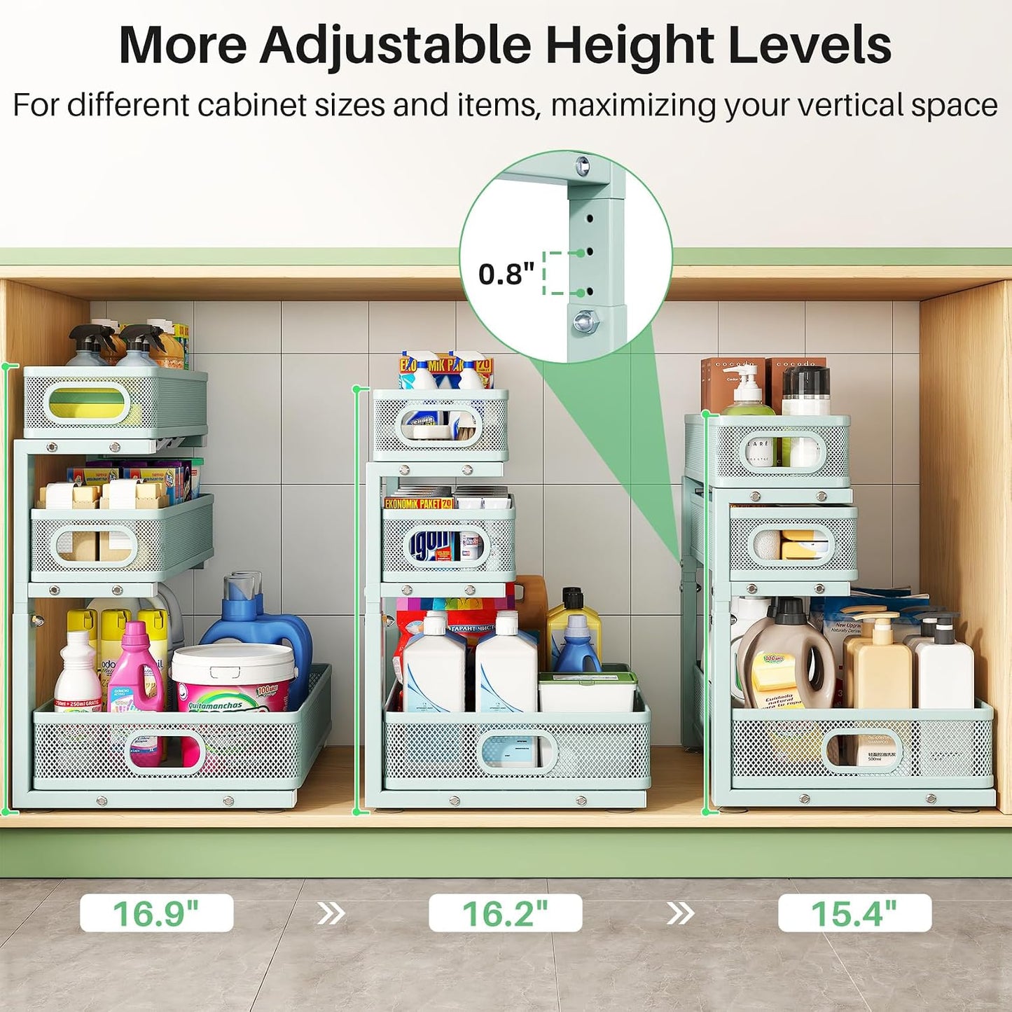 Kitstorack Under Sink Organizer, 2-Pack 3-Tier Height Adjustable Thickened Metal Pull out Cabinet Organizer Shelf, Slide out Storage Drawer Rack for Bathroom Kitchen Pantry Home Laundry Organization