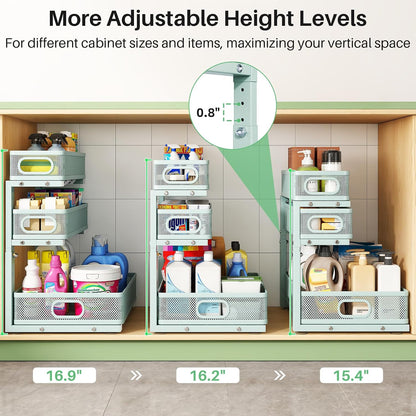 Kitstorack Under Sink Organizer, 2-Pack 3-Tier Height Adjustable Thickened Metal Pull out Cabinet Organizer Shelf, Slide out Storage Drawer Rack for Bathroom Kitchen Pantry Home Laundry Organization